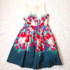 Modcloth Fit Flare Dress Floral Sweetheart Sleeveless Blue Pink Medium Women